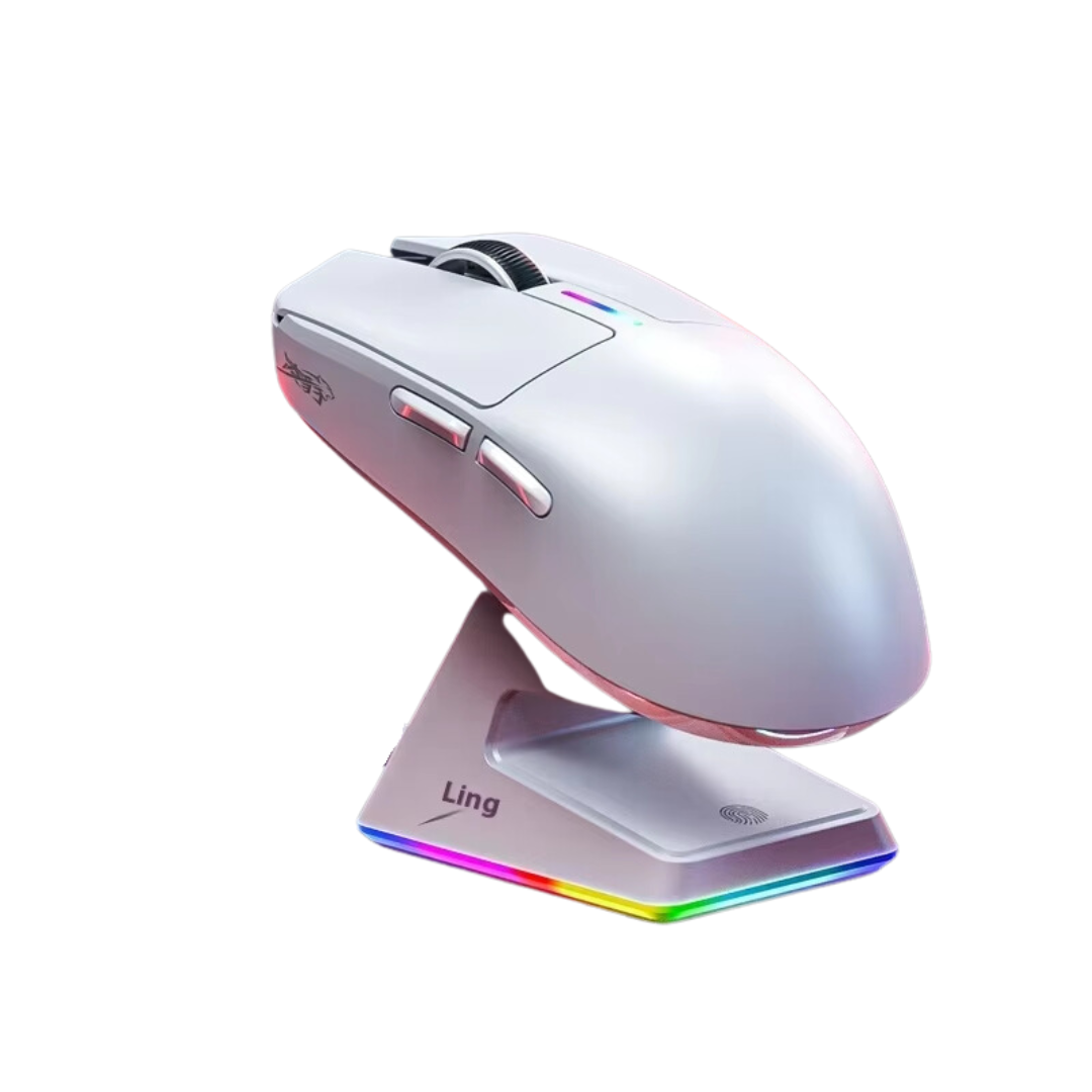 Lingbao M6 Wireless Tri-Mode Wireless Lightweight Gaming Mouse with Charging Dock, White