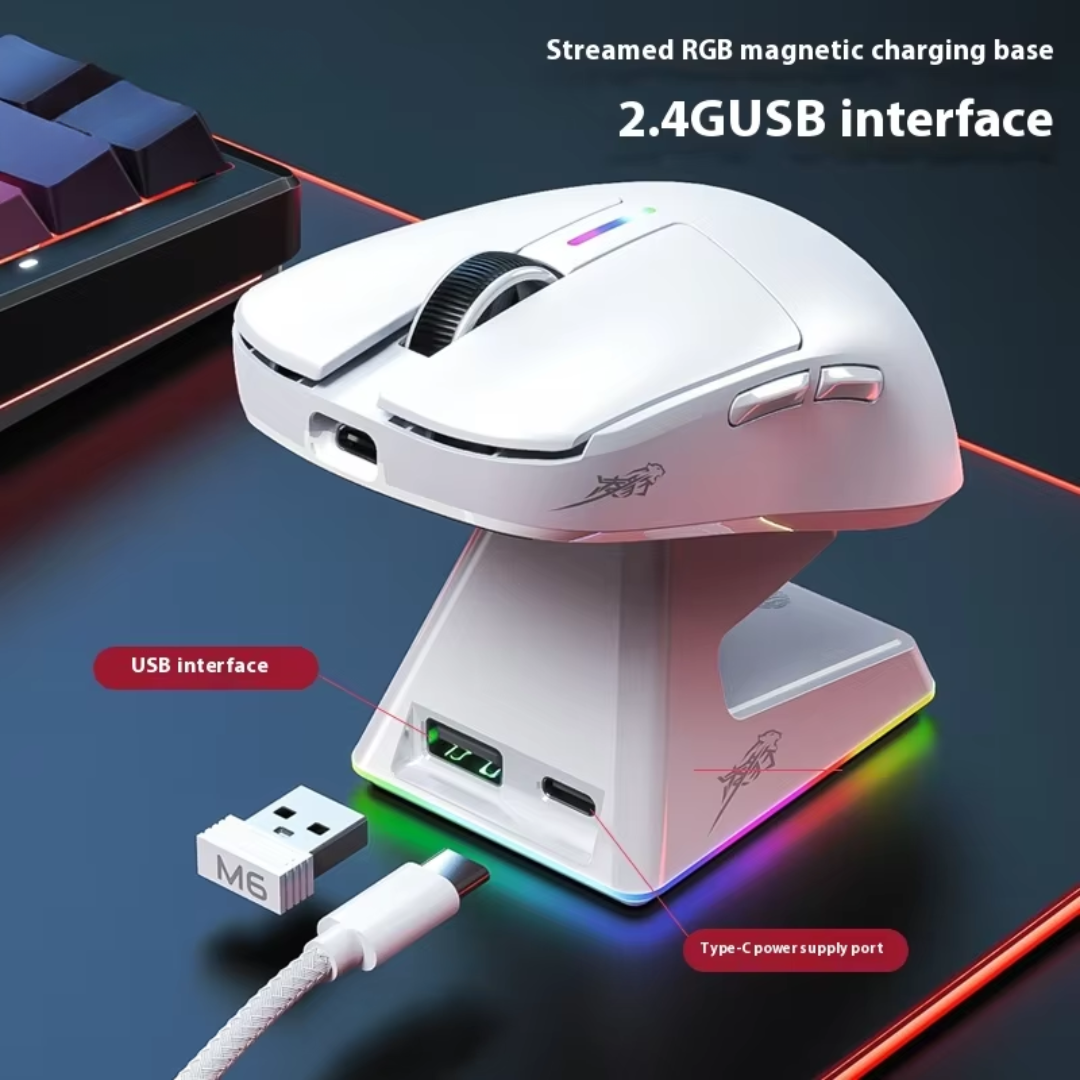Lingbao M6 Wireless Tri-Mode Wireless Lightweight Gaming Mouse with Charging Dock, White - Image 2